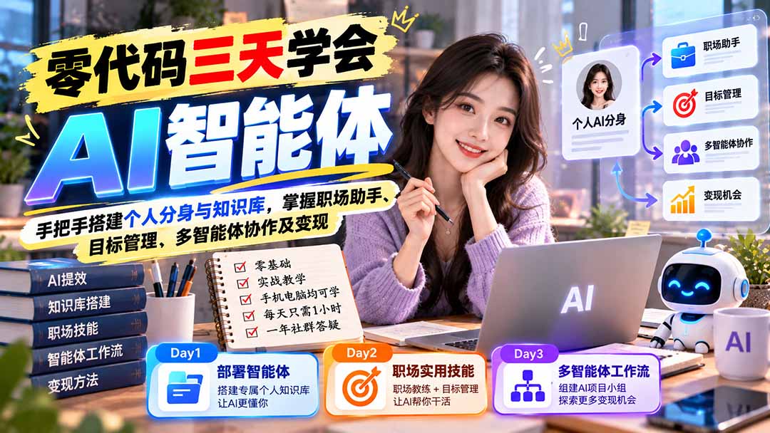 【无水印】零代码三天学会AI智能体：手把手搭建个人分身与知识库，掌握职场助手、目标管理、多智能体协作及变现-超级会员网