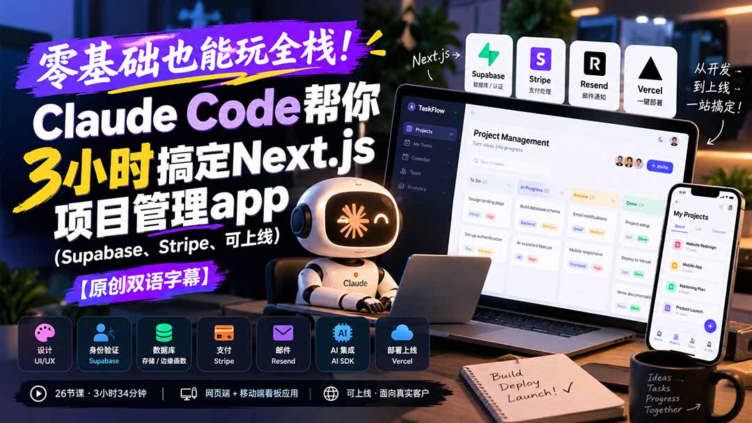 零基础也能玩全栈！Claude Code帮你3小时搞定Next.js项目管理app(Supabase、Stripe、可上线-超级会员网