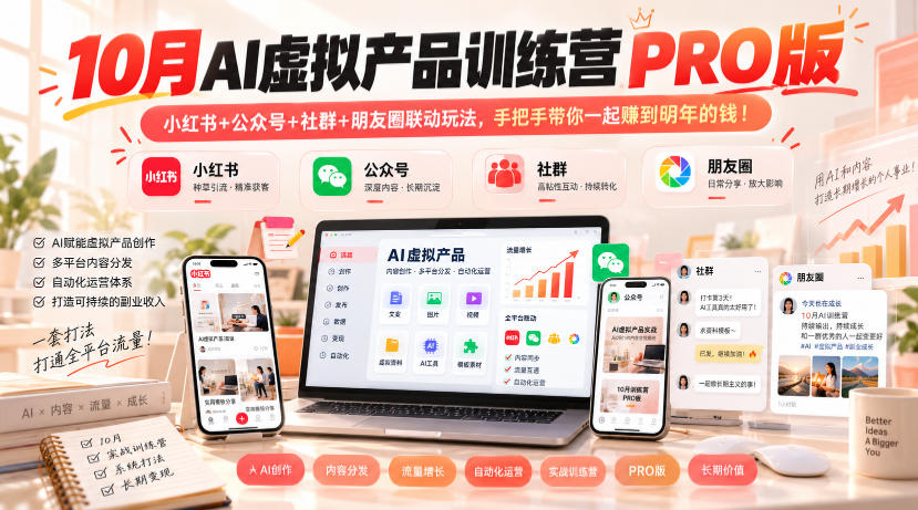 10月AI虚拟产品训练营PRO版，小红书+公众号+社群+朋友圈联动玩法，手把手带你一起赚到明年的钱！(更新1029)-超级会员网