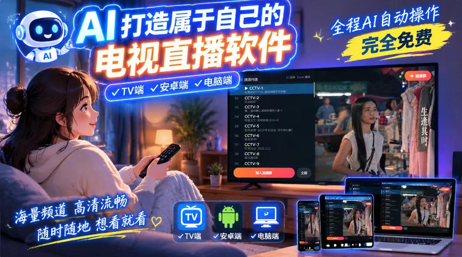 一个提示词，AI全自动做出电视直播软件，电脑、安卓、电视三端通用，完全免费，画质流畅不卡顿-超级会员网