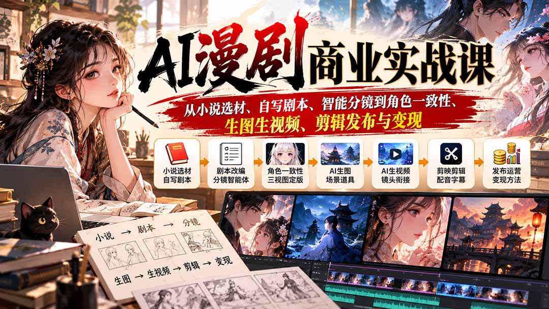 AI漫剧商业实战课：从小说选材、自写剧本、智能分镜到角色一致性、生图生视频、剪辑发布与变现-超级会员网