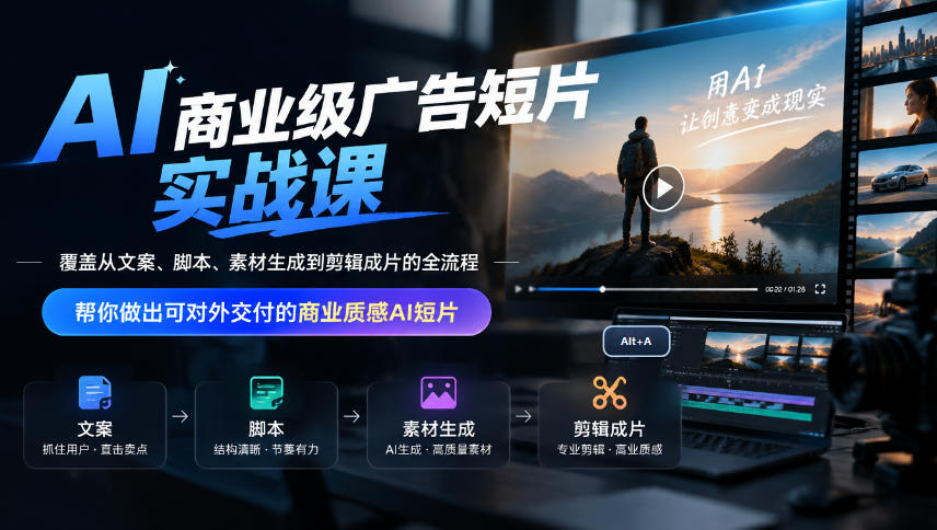 AI商业级广告短片实战课，覆盖从文案、脚本、素材生成到剪辑成片的全流程，帮你做出可对外交付的商业质感AI短片-超级会员网