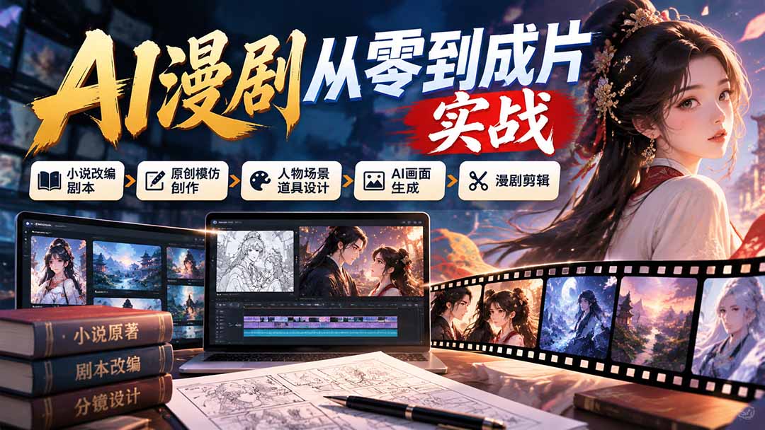 AI漫剧从零到成片实战：小说改编剧本、原创模仿创作、人物场景道具设计、AI画面生成与漫剧剪辑-超级会员网