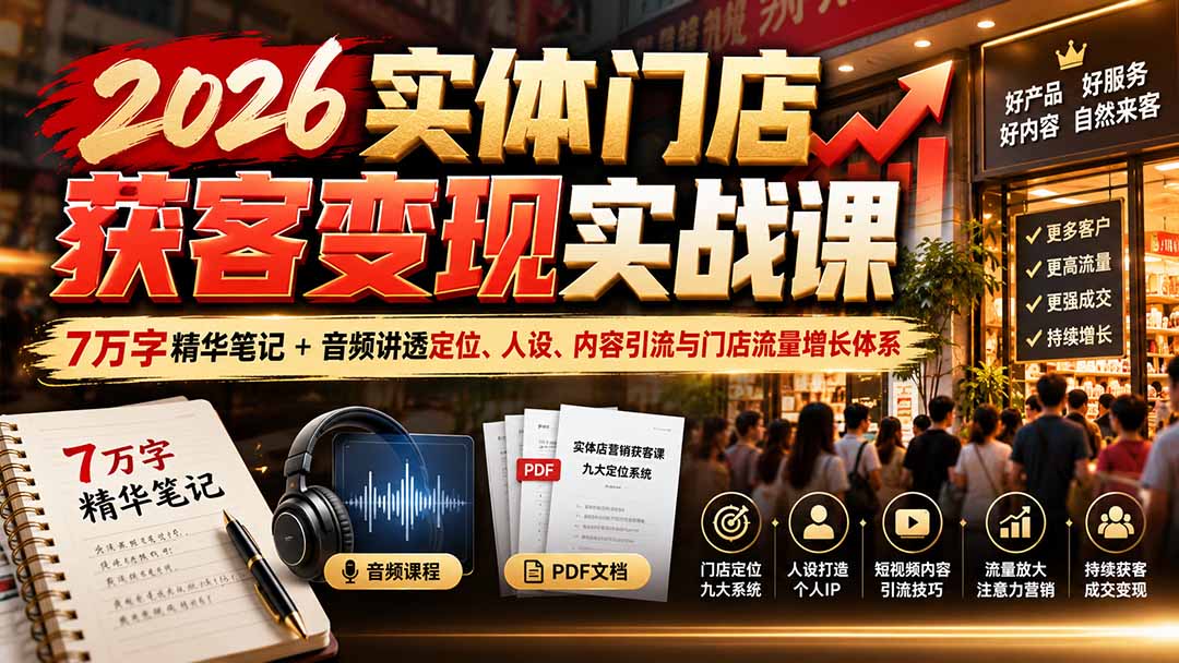 2026实体门店获客变现实战课：7万字精华笔记+音频讲透定位、人设、内容引流与门店流量增长体系-超级会员网