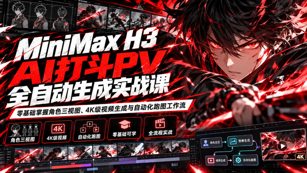 MiniMax H3 AI打斗PV全自动生成实战课：零基础掌握角色三视图、4K级视频生成与自动化跑图工作流-超级会员网