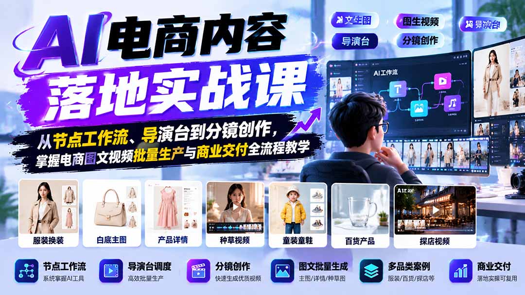 AI电商内容落地实战课：从节点工作流、导演台到分镜创作，掌握电商图文视频批量生产与商业交付全流程教学-超级会员网