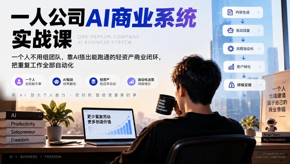 一人公司AI商业系统实战课，一个人不用组团队，靠AI搭出能跑通的轻资产商业闭环，把重复工作全部自动化-超级会员网