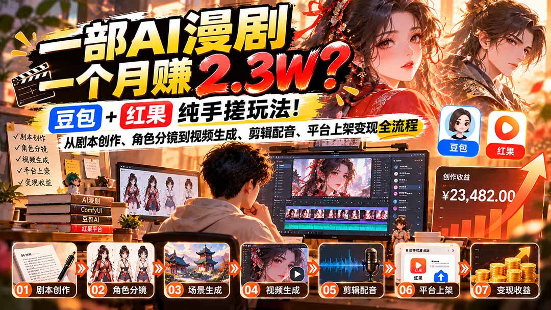 一部AI漫剧一个月赚2.3W？豆包+红果纯手搓玩法！从剧本创作、角色分镜到视频生成、剪辑配音、平台上架变现全流程-超级会员网