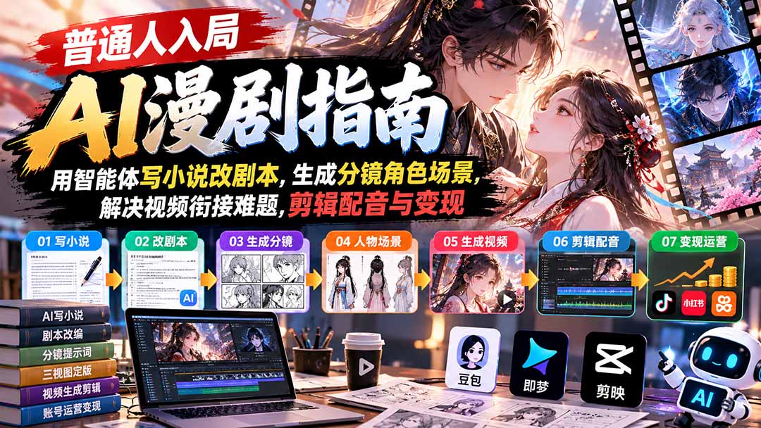 【无水印】普通人入局AI漫剧指南：用智能体写小说改剧本，生成分镜角色场景，解决视频衔接难题，剪辑配音与变现-超级会员网