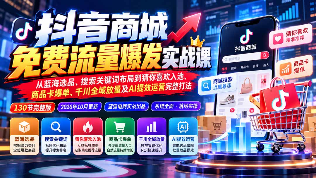 抖音商城免费流量爆发实战：从蓝海选品、搜索关键词布局到猜你喜欢入池、商品卡爆单、千川全域放量及AI提效完整打法-超级会员网