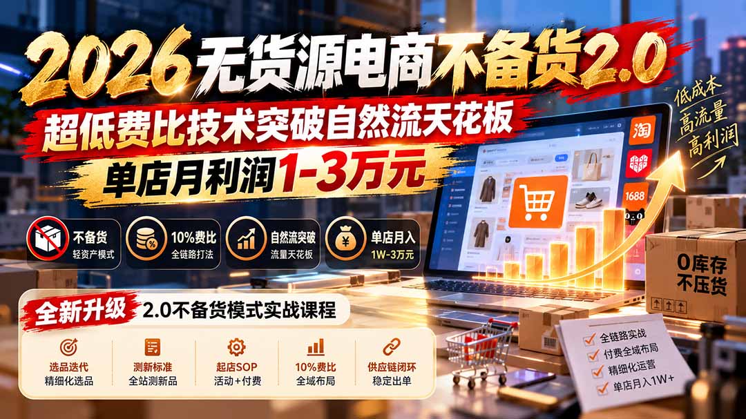 2026无货源电商不备货2.0【更新1019】：超低费比技术突破自然流天花板，单店月利润1-3万元-超级会员网