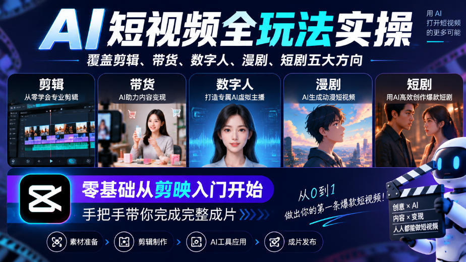 AI短视频全玩法实操，覆盖剪辑、带货、数字人、漫剧、短剧五大方向，零基础从剪映入门开始，手把手带你完成完整成片-超级会员网