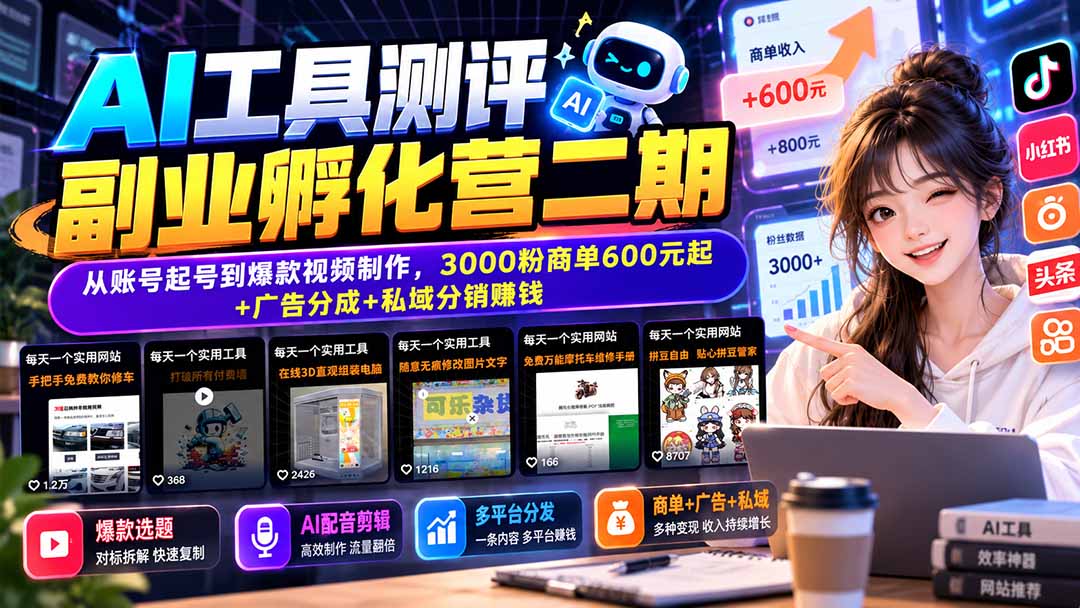 AI工具测评副业孵化营二期：从账号起号到爆款视频制作，3000粉商单600元起+广告分成+私域分销赚钱-超级会员网