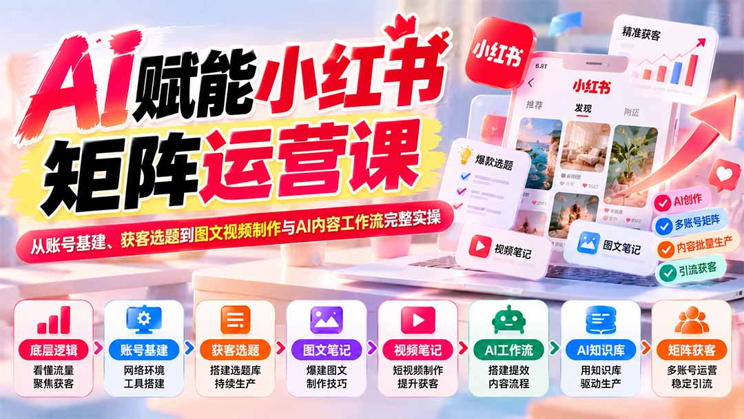 AI赋能小红书矩阵运营课：从账号基建、获客选题到图文视频制作与AI内容工作流完整实操-超级会员网