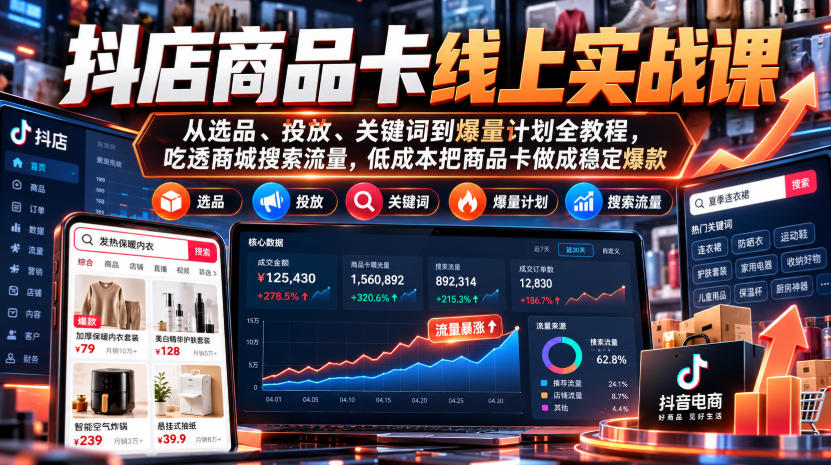 抖店商品卡线上实战课｜从选品、投放、关键词到爆量计划全教程，吃透商城搜索流量，低成本把商品卡做成稳定爆款-超级会员网