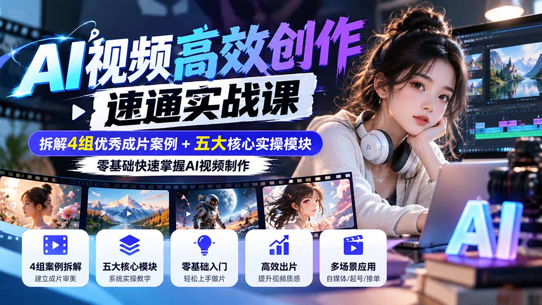 【无水印】AI视频高效创作速通实战课：拆解4组优秀成片案例+五大核心实操模块，零基础快速掌握AI视频制作-超级会员网