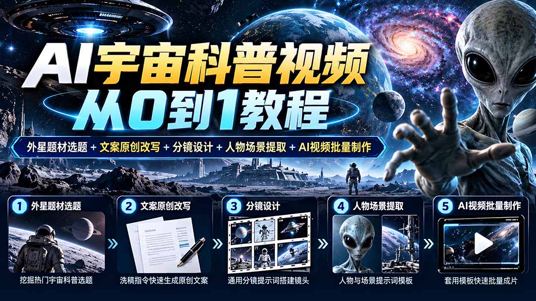 AI宇宙科普视频从0到1教程｜外星题材选题+文案原创改写+分镜设计+人物场景提取+AI视频批量制作-超级会员网