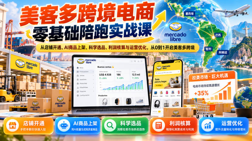 美客多跨境电商零基础陪跑实战课：从店铺开通、AI商品上架、科学选品、利润核算与运营优化，从0到1开启美客多跨境-超级会员网