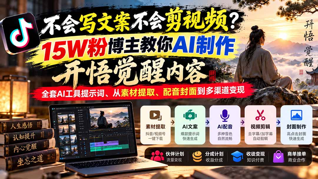 不会写文案不会剪视频？15W粉博主教你AI制作开悟觉醒内容，全套AI工具提示词、从素材提取、配音封面到多渠道变现-超级会员网