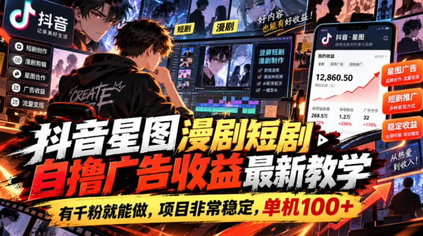 抖音星图漫剧短剧自撸广告收益最新教学，有千粉就能做，项目非常稳定，单机100+-超级会员网