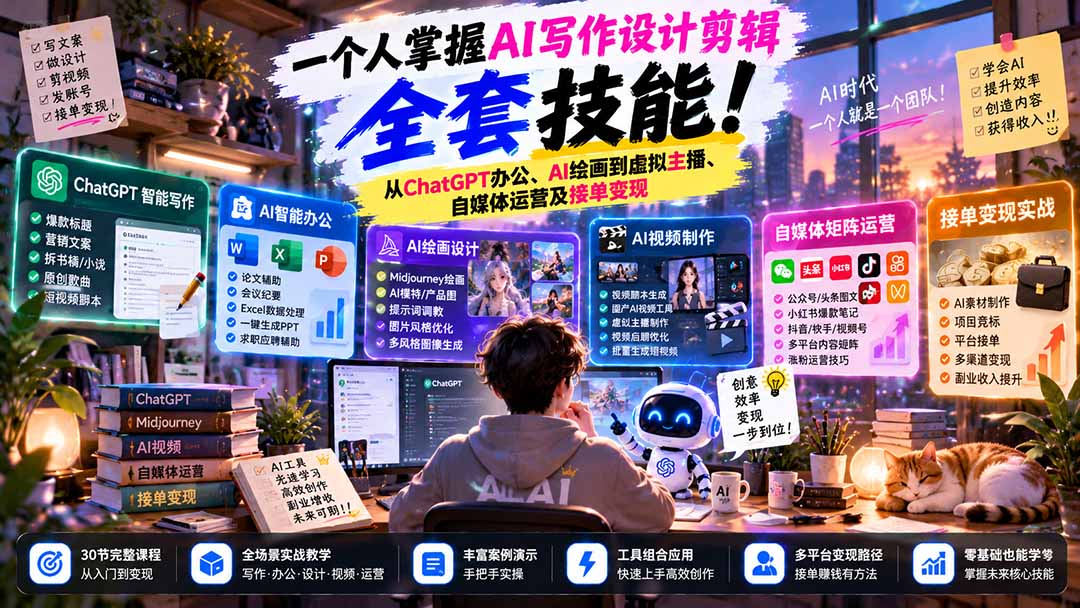 一个人掌握AI写作设计剪辑全套技能：从ChatGPT办公、AI绘画到虚拟主播、自媒体运营及接单变现-超级会员网