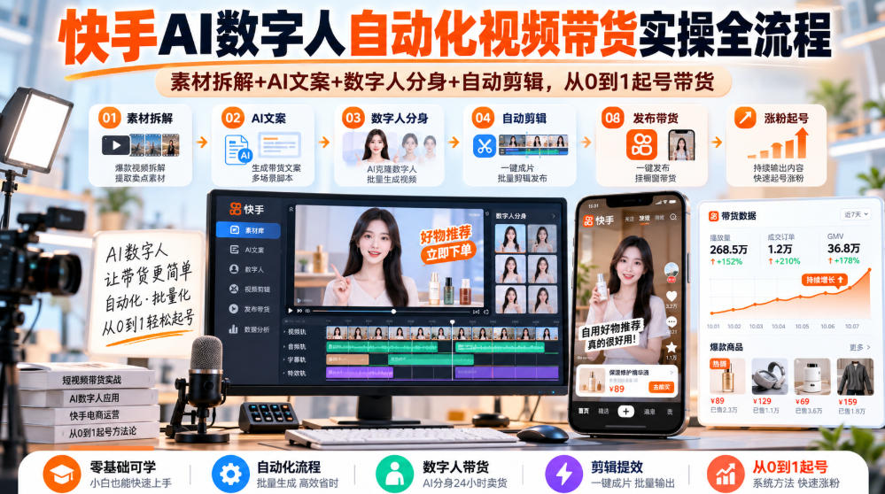 快手AI数字人自动化视频带货实操全流程｜素材拆解+AI文案+数字人分身+自动剪辑，从0到1起号带货(更新26年)-超级会员网