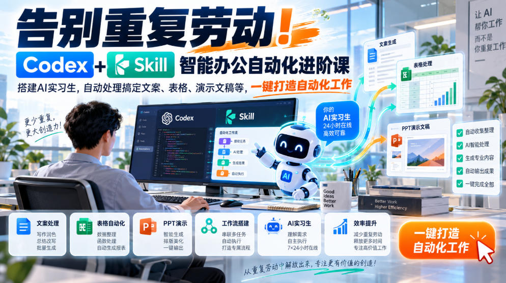 告别重复劳动！Codex+Skill智能办公自动化进阶课｜搭建AI实习生，自动处理搞定文案、表格、演示文稿等，一键打造自动化工作-超级会员网