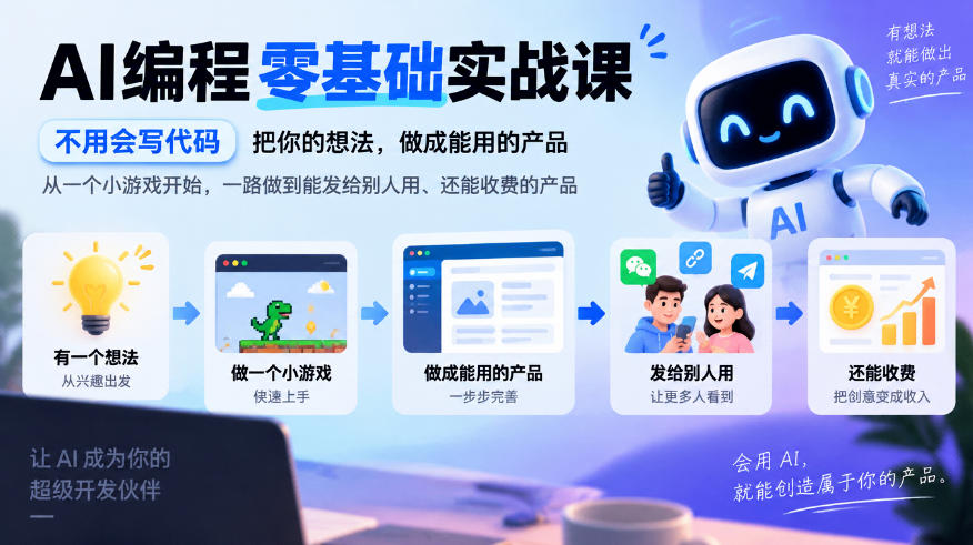 AI编程零基础实战课，不用会写代码，把你的想法，做成能用的产品，从一个小游戏开始，一路做到能发给别人用、还能收费的产品-超级会员网