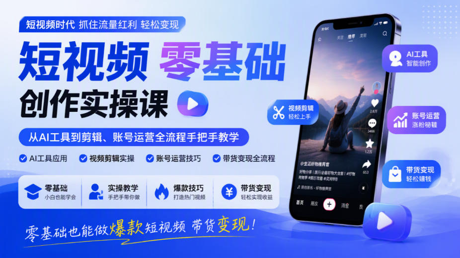 短视频零基础创作实操课，从AI工具到剪辑、账号运营全流程手把手教学，零基础也能做爆款短视频带货变现-超级会员网
