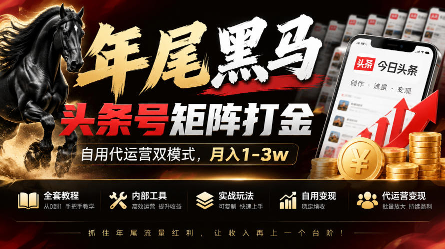 【年尾黑马】头条号矩阵打金，自用代运营双模式，月入1-3w，附全套教程及内部工具【揭秘】-超级会员网