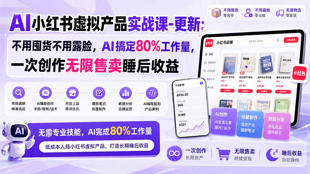 AI小红书虚拟产品实战课-更新1017：不用囤货不用露脸，AI搞定80%工作量，一次创作无限售卖睡后收益-超级会员网