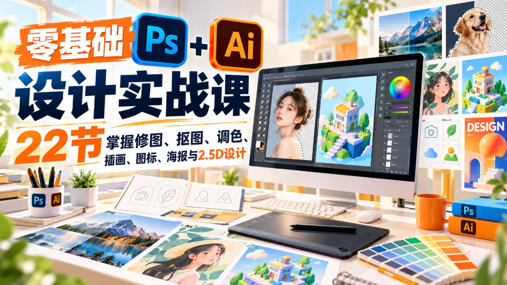 【无水印】零基础PS+AI设计实战课|22节掌握修图、抠图、调色、插画、图标、海报与2.5D设计-超级会员网