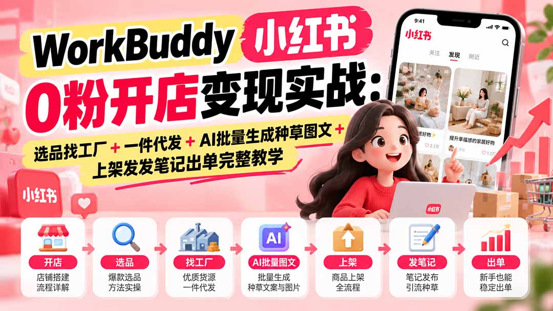 WorkBuddy小红书0粉开店变现实战：选品找工厂+一件代发+AI批量生成种草图文+上架发发笔记出单完整教学-超级会员网