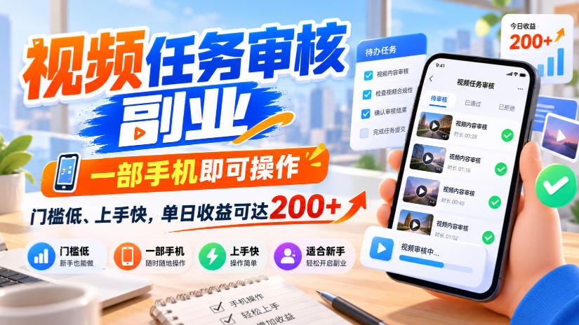 视频任务审核副业，一部手机即可操作，门槛低、上手快，单日收益可达200+【揭秘】-超级会员网