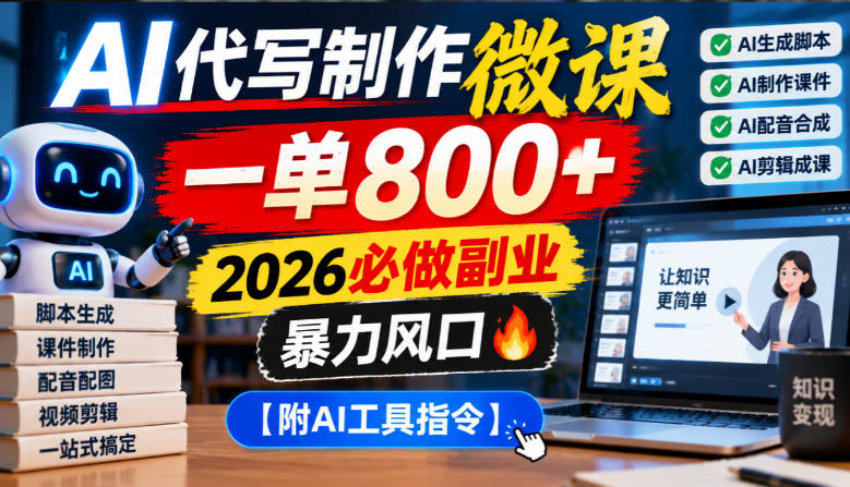 AI代写制作微课，一单800+，2026必做副业，暴力风口【附AI工具指令】【揭秘】-超级会员网