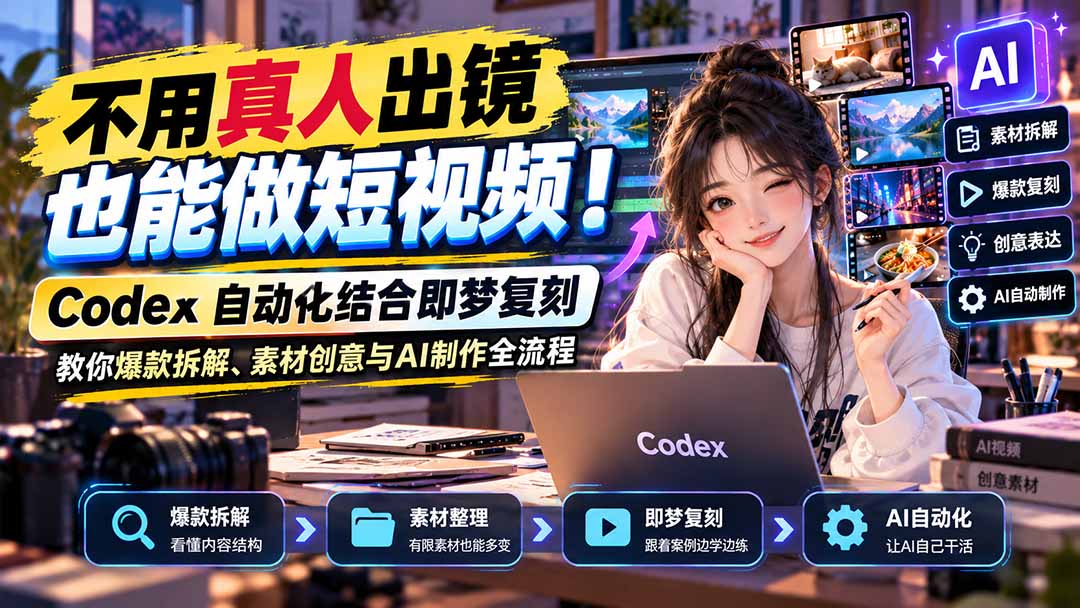不用真人出镜也能做短视频！Codex自动化结合即梦复刻，教你爆款拆解、素材创意与AI制作全流程-超级会员网