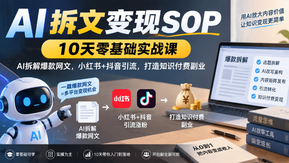 AI拆文变现SOP｜10天零基础实战课，AI拆解爆款网文，小红书+抖音引流，打造知识付费副业-超级会员网