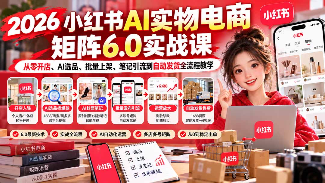 2026小红书AI实物电商矩阵6.0实战课：从零开店、AI选品、批量上架、笔记引流到自动发货全流程教学-超级会员网