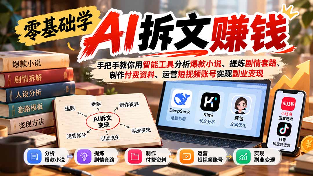 零基础学AI拆文赚钱：手把手教你用智能工具分析爆款小说、提炼剧情套路、制作付费资料、运营短视频账号实现副业变现-超级会员网