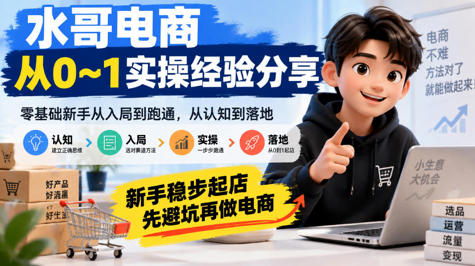 水哥电商从0~1实操经验分享，​零基础新手从入局到跑通，从认知到落地，新手稳步起店，先避坑再做电商-超级会员网