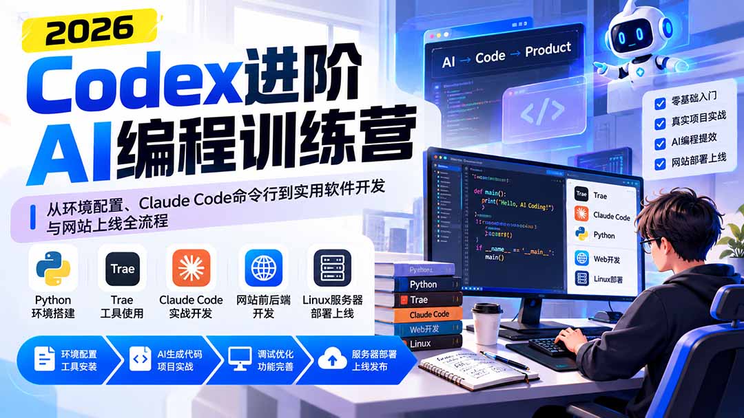 Codex进阶AI编程训练营：从环境配置、Claude Code命令行到实用软件开发与网站上线全流程-超级会员网