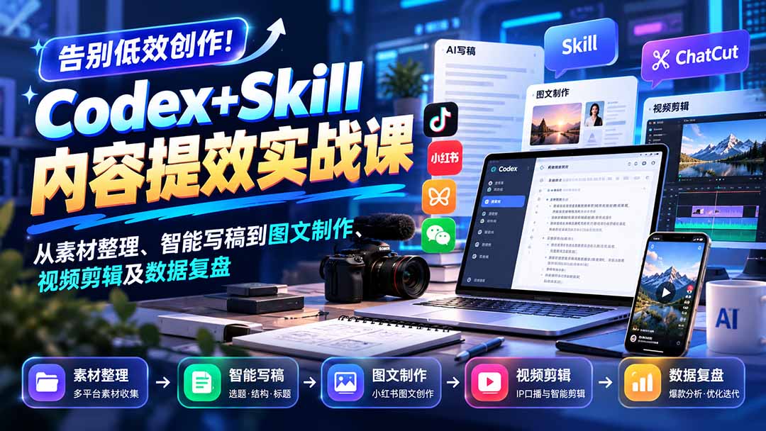【无水印】告别低效创作！Codex+Skill内容提效实战课：从素材整理、智能写稿到图文制作、视频剪辑及数据复盘-超级会员网