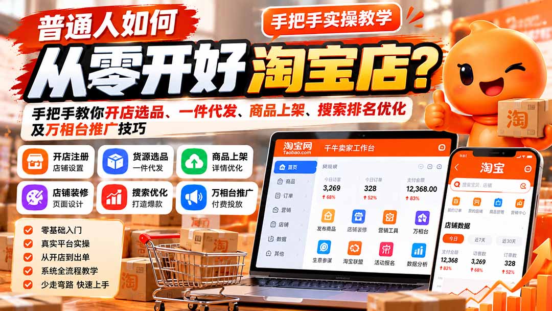 普通人如何从零开好淘宝店？手把手教你开店选品、一件代发、商品上架、搜索排名优化及万相台推广技巧-超级会员网