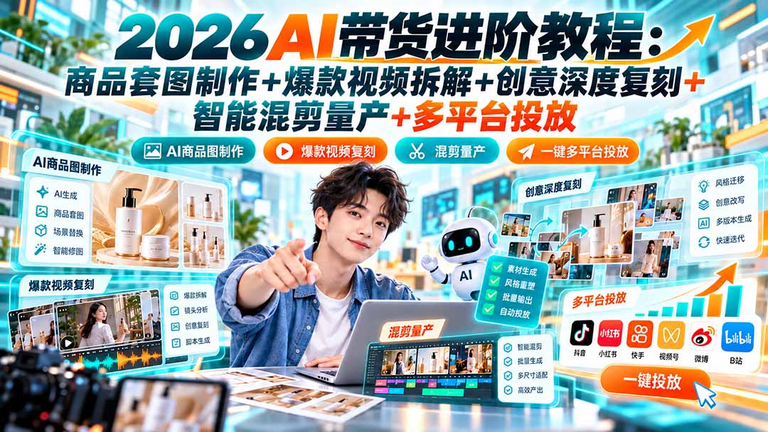 2026AI带货进阶教程：商品套图制作+爆款视频拆解+创意深度复刻+智能混剪量产+多平台投放-超级会员网