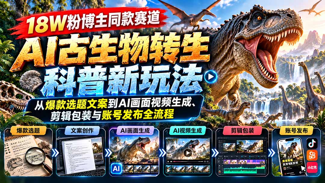 18W粉博主同款赛道-AI古生物转生科普新玩法：从爆款选题文案到AI画面视频生成、剪辑包装与账号发布全流程-超级会员网