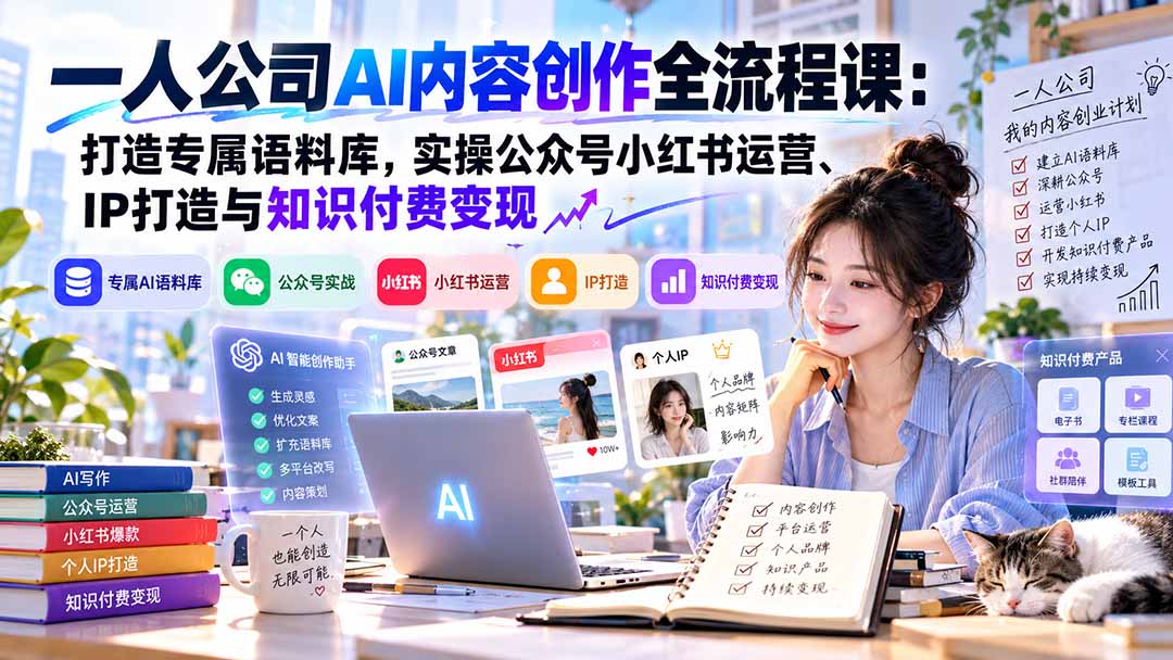 一人公司AI内容创作全流程课：打造专属语料库，实操公众号小红书运营、IP打造与知识付费变现方法论-超级会员网