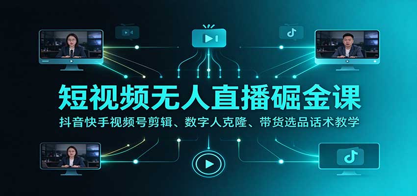 短视频无人直播掘金课：抖音快手视频号剪辑、数字人克隆、带货选品话术教学-超级会员网