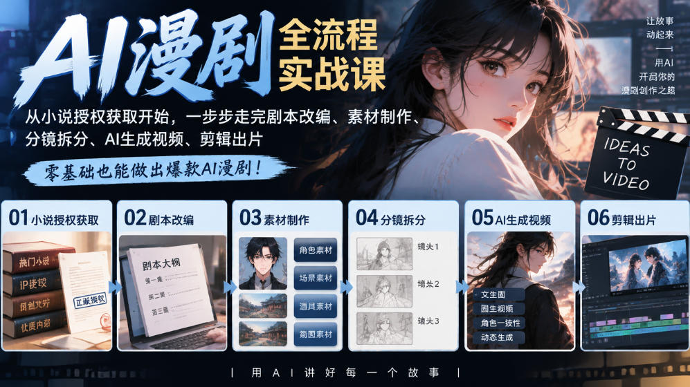 AI漫剧全流程实战课｜从小说授权获取开始，一步步走完剧本改编、素材制作、分镜拆分、AI生成视频、剪辑出片全流程-超级会员网