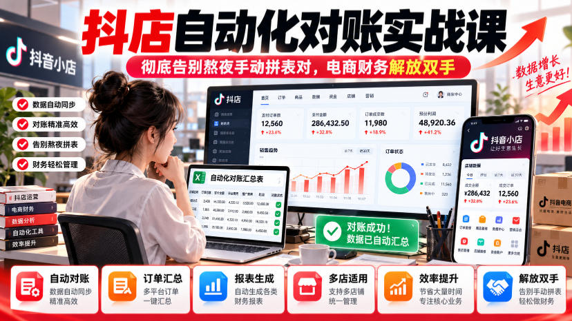 抖店自动化对账实战课，彻底告别熬夜手动拼表对，账电商财务解放双手-超级会员网