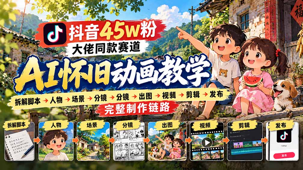 抖音45W粉大佬同款赛道AI怀旧动画教学：拆解脚本→人物→场景→分镜→出图→视频→剪辑→发布完整制作链路-超级会员网